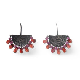 Half moon garnet and silver leaf earrings