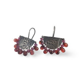 Half moon garnet and silver leaf earrings