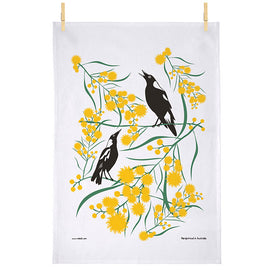 Magpies on Wattle Tea Towel